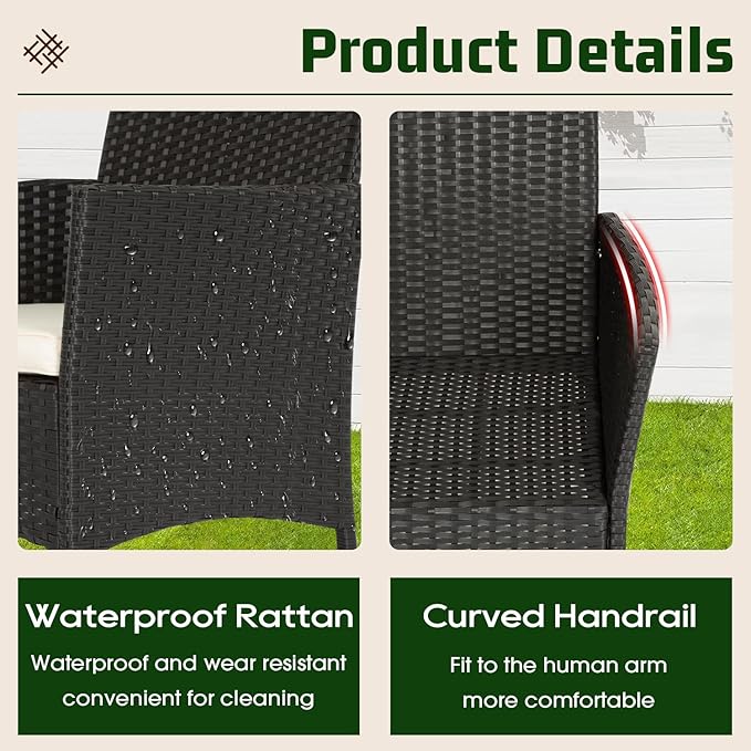 FDW | 4-Piece Patio Furniture Set | Black | Outdoor Wicker Furniture with Coffee Table | Modern Rattan Chairs Conversation Set | Outdoor Seating | Weather-Resistant | for Porch, Garden, Lawn