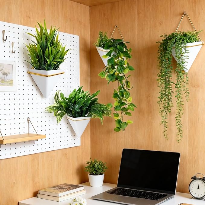 Rtteri 15 PCS Wall Hanging Planter Set with Artificial Greenery, 3 Ceramic Geometric Wall Planters in 3 Sizes, Modern Indoor Decor for Living Room Bathroom Office