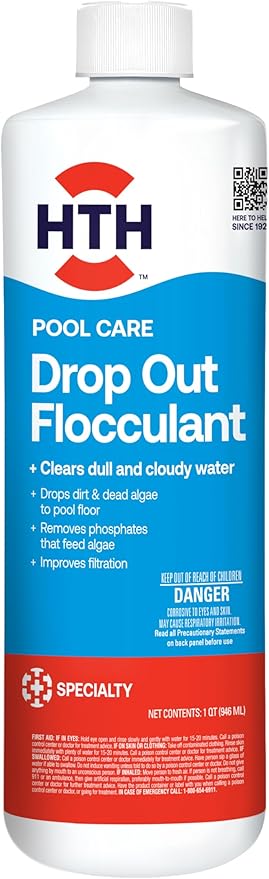 HTH 67229 Swimming Pool Care Drop Out Flocculant, Clears Dull & Cloudy Water Fast, Drops Dirt & Dead Algae to Pool Floor, Restores Crystal Clear Water, 32oz