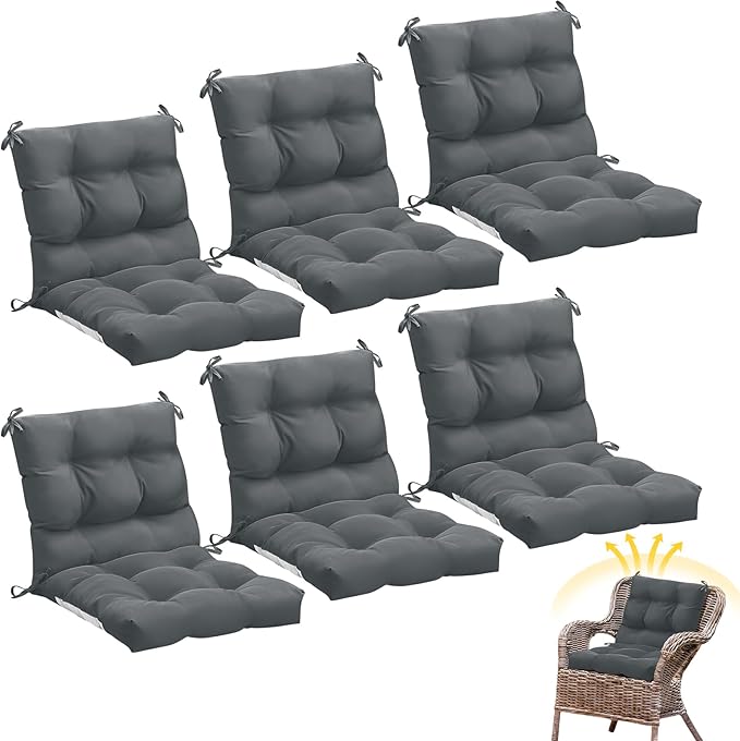 Marsui 6 Pcs Outdoor Indoor High Back Chair Cushions Patio Furniture Tufted Pillow with Ties Water-Resistant Replacement Outdoor Rocking Chair Cushions, 42 x 21 Inches (Dark Gray,Solid Color)
