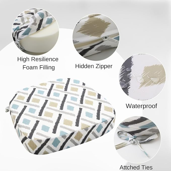 idee-home Outdoor Chair Cushions Set of 2, 17" x 17" x 3" Thick D-Shaped Patio Furniture Outdoor Seat Cushions Waterproof with Ties, Dining Pads