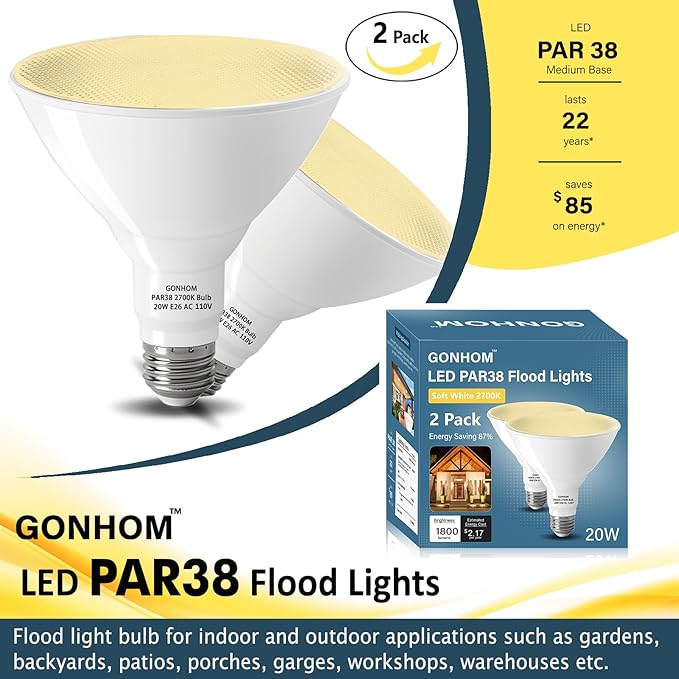 Gonhom Par38 led Flood Lights Outdoor Light Bulb,Dimmable 1800LM,20W Replace up to 200W,Outdoor Flood Light Bulbs for Backyard,Garage,Porch,Garden,6 Pack 2700K Warm Light