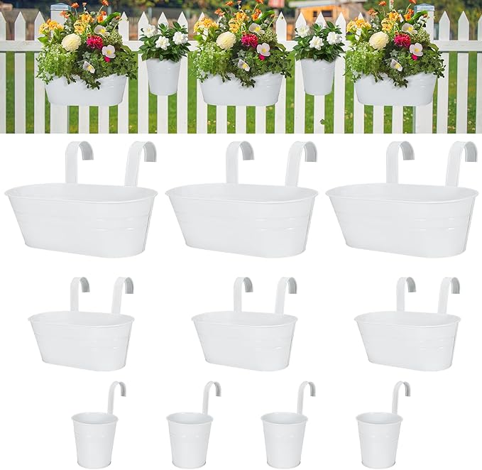 3 Different Size Metal Iron Hanging Flower Pots 10 Pcs for Outdoor Plants Metal Hanging Bucket Pots Iron Railing Fence Planter with Drainage Holes and Hooks for Porch Railing Balcony Fence (White)