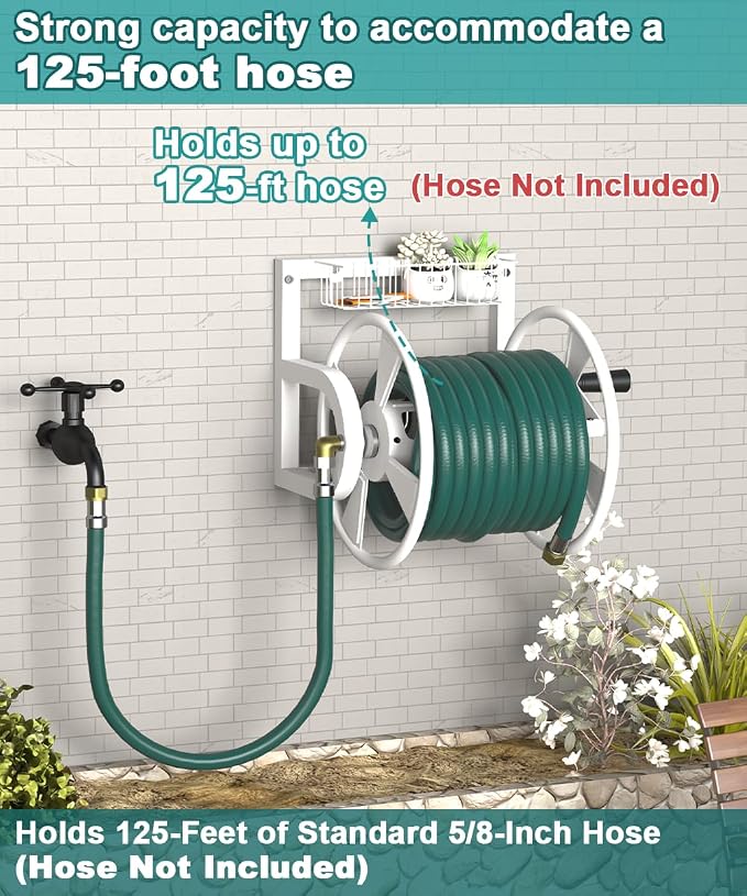 Artigarden Garden Wall Mounted Hose Reel, Outdoor Heavy-Duty Water Hose Holder Winder, Holds 125 Feet of 5/8-Inch Hose, with 3.9 ft Leader Hose, Brass Fitting and Storage Basket for Yard, White