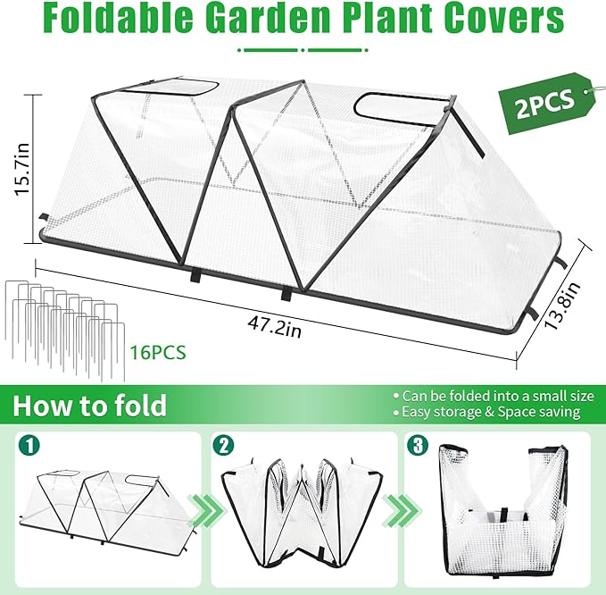 2Pack Foldable Garden Plants Covers with Two Dual Layer Skylights, 47.2" X 14.2" X 13" Raised Bed Greenhouse Cover, Garden Frost Protection for Vegetable Flower Fruits from Animals, Include 16 Stakes