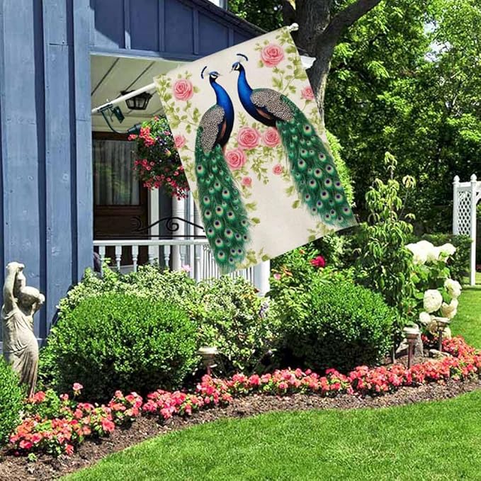 AOYEGO Peacock Roses House Flags 28 x 40 Double Sided Burlap Abstract Beautiful Floral Pattern Yard Flags Spring Summer Farmhouse Seasonal Outdoor Flag