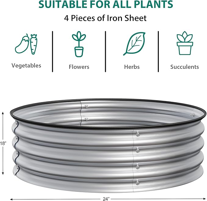 Round Raised Garden Bed, 2 Pcs 2 x 1.5ft Galvanized Raised Boxes with Rust, Corrosion Protection, Easy Assembly, Safe Edge, Metal Garden Bed Kit for Planting Vegetables, Fruits, Flowers