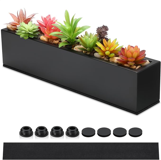 FillTouch 1 Pcs Long Rectangular Planter Box Window Sill Plant Box Metal Water Trough Indoor Large Modern Steel with Drainage Holes Herb Garden Home (16.1 x 3.2 x 3.5 Inch,Black)