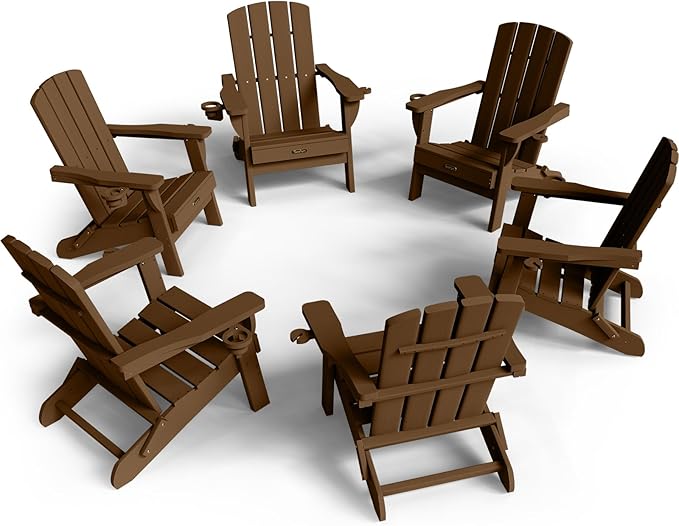 Folding Adirondack Chair 6 Pack, HDPE All-Weather Fire Pit Chairs, Plastic Adirondack Chairs with 2 Cup Holder, Outdoor Lawn Chair for Patio Garden (Brown)