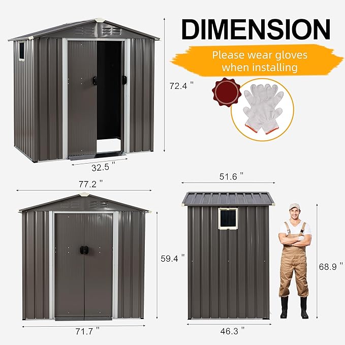 Shintenchi 6x4 FT Outdoor Storage Shed with Window, Lockable Outdoor Waterproof Tool Storage Sheds, Weather Resistant Tool Storage House Shed for Garden, Backyard,Patio Utility Tool Storage,Steel Grey