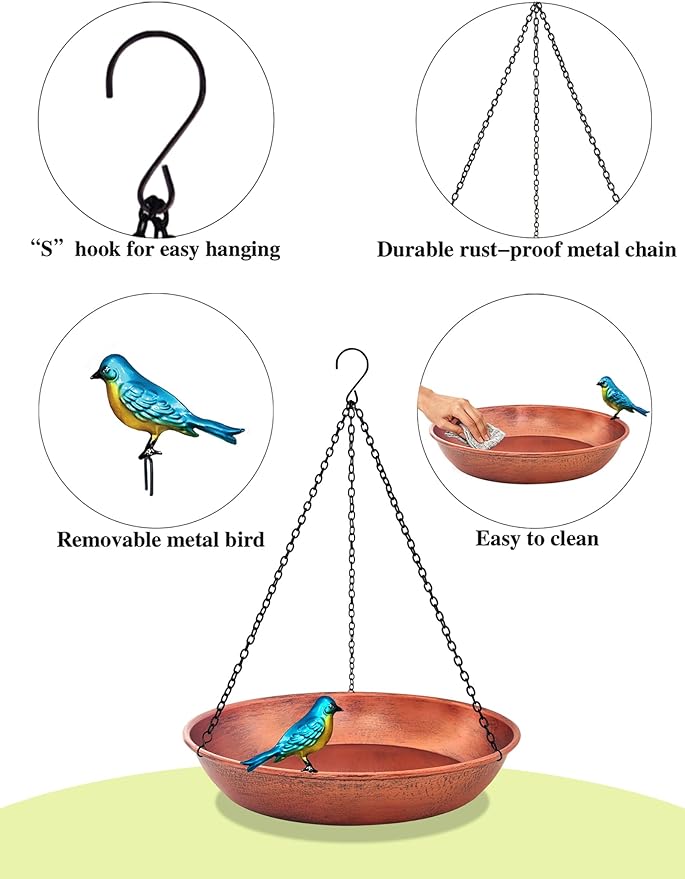 Hanging Bird Bath for Outdoor, 11 Inch Dia Antique Copper Metal Bird Feeder Birdbath Bowl Mounted Black Chain Metal Yard Art Garden Decor 0.5 Gallon