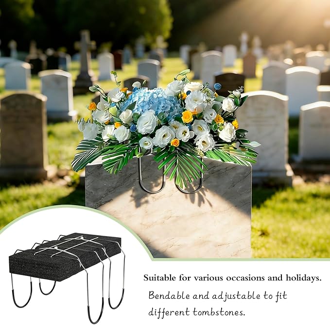 4Packs Headstone Flower Saddles Gravestone Saddle with Floral Foam for Grave Wire Rustproof Galvanized Cemetery Headstones Tombstone Decoration (Black,12’’)
