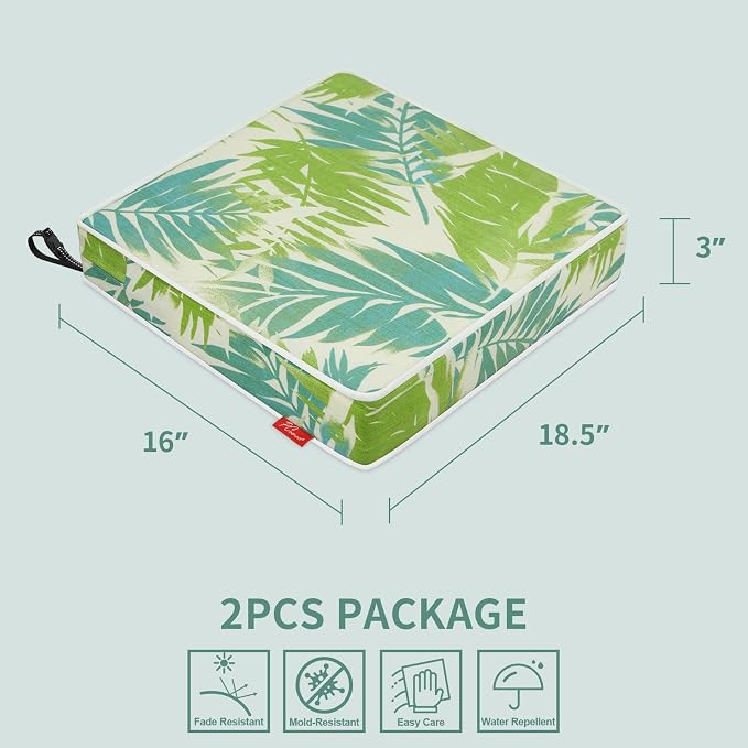 Patio Chair Cushions 18.5x16 Inch, Water Repellent Outdoor Seat Cushions with Adjustable Straps, Fade Resistant Replacement Cushions for Garden Deck Sofa Couch, Set of 2, Green Leaf