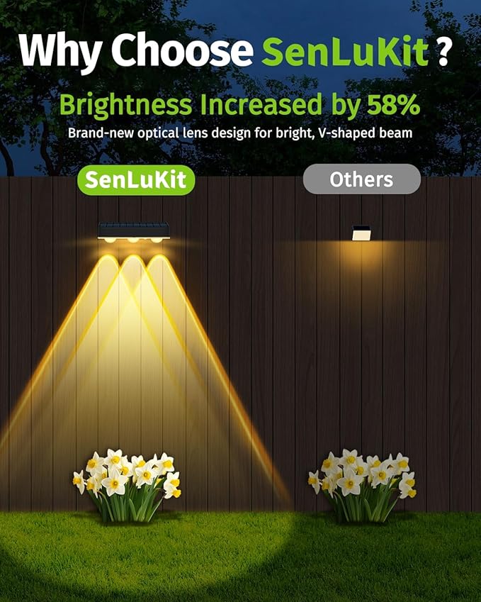 Solar Fence Lights Outdoor 2 Pack Waterproof High Brightness Upgraded 3 LED Lens Solor Deck Lights Warm & Cool White RGB 10 Colors Outside Solar Powered Wall Light for Backyard Patio Step Railing