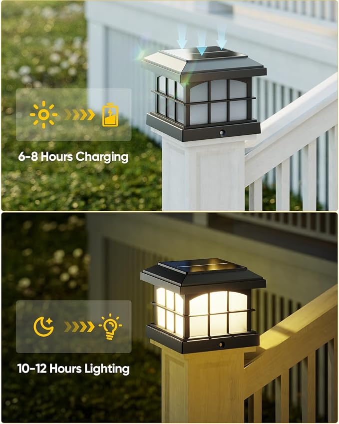 PARTPHONER RGBCW Solar Post Cap Lights 6-Pack, 9 Colors 3 Modes Fence Cap Lights, Bright Solar Outdoor Waterproof LED Deck Lighting for Fence Garden Deck Patio Porch Decor 4x4 Vinyl/Wood, Black