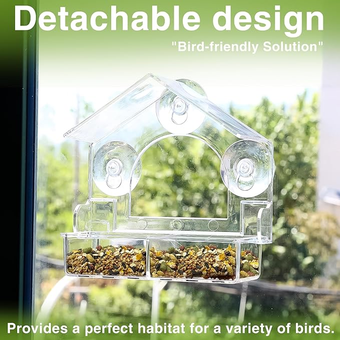 Window Bird Feeder with 3 Extra Strong Suction Cups, Clear Birdfeeders Bird House for Outdoors Window Viewing Outside, Removable Tray Birdhouse