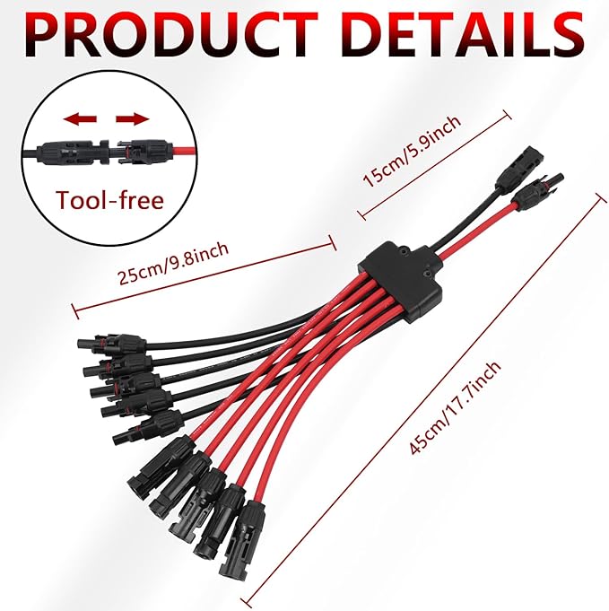 Solar Parallel Connectors for 5 Solar Panels, Tool-Free Solar Panel Connectors Cable 2 to 10 Y Branch Parallel Adapter, IP68 Waterproof Wires Splitter 10AWG for Solar Cable Extension(FMMMMM/MFFFFF)
