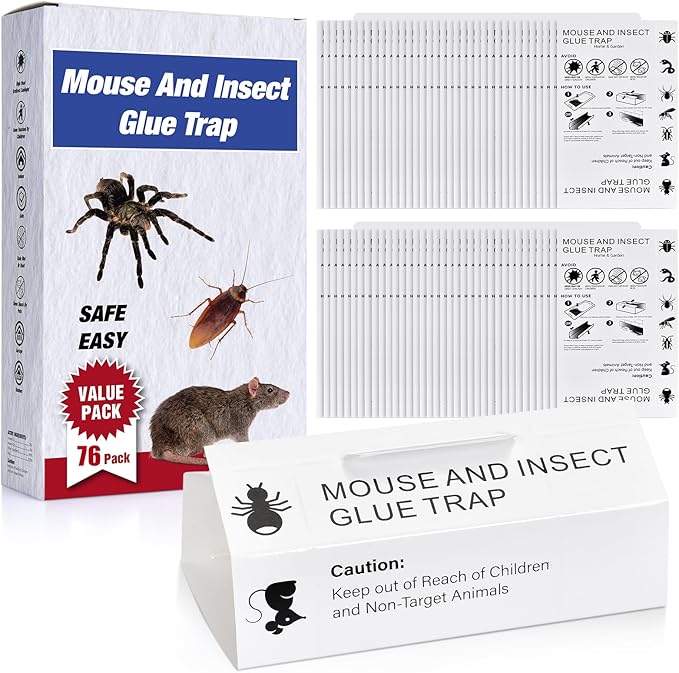 Mouse & Bugs Roach Spider Insect Traps, 76 Pack Glue Traps for Mice Ant Snake Rats, Sticky Pest Control Adhesive Tray for Catching, Sesame Oil Scent Non Toxic Pre-Baited Glue Boards Indoor Home