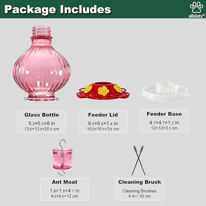 Glass Hummingbird Feeder for Outdoors Hanging, 38 oz Nectar Capacity, 6 Feeding Ports, Leak-Proof Rust-Free Plastic Base, Easy to Refill & Clean, Decorative Pink Glass Bird Feeder for Garden Patio