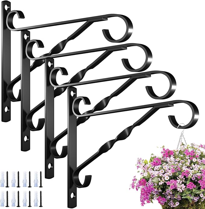 AMAGABELI GARDEN & HOME 4 Pack Hanging Plant Brackets Outdoor 10 inch Metal Fence Wall Plant Hanger Hooks for Hanging Flower Baskets Bird Feeders Lanterns Wind Chimes Rust-Resistant Black