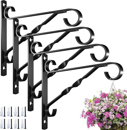AMAGABELI GARDEN & HOME 4 Pack Hanging Plant Brackets Outdoor 10 inch Metal Fence Wall Plant Hanger Hooks for Hanging Flower Baskets Bird Feeders Lanterns Wind Chimes Rust-Resistant Black