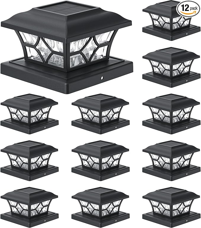 APONUO Solar Post Cap Lights 12 Pack with 1000mAh Battery - for 4x4 5x5 6x6 Fences, Larger Size & Longer Lasting, 2-Mode, IP64 Waterproof, for Fence Deck Patio Porch Yard (Black)