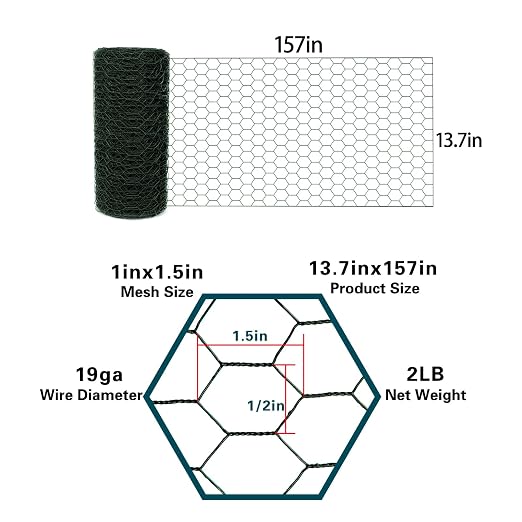 Black 19GA Chicken Wire 13.7inx157in, Chicken Wire Fencing, Chicken Fence, PVC Coated Chicken Wire, PVC Coated Wire Mesh for Animal/Rabbit/Floral/Chicken Coop/DIY Projects.
