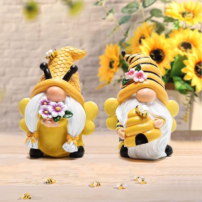 Hodao Bee Gnomes Set of 2 - Honey Bee Day Resin Statues, Summer Spring Gnome Figurines Decor for Home Kitchen Tiered Tray, Cute Bumble Bee Bumblebee Decorations for Table Office Garden Shelf, 4.3" H