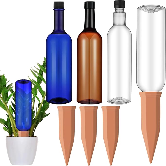 SiliFine 3 Sets Plant Watering Devices Include Terracotta Self Watering Spikes and 26 oz Plastic Bottles, Slow Release Vacation Insert Automatic Plant Waterer Device (Blue Clear Brown and Terracotta)