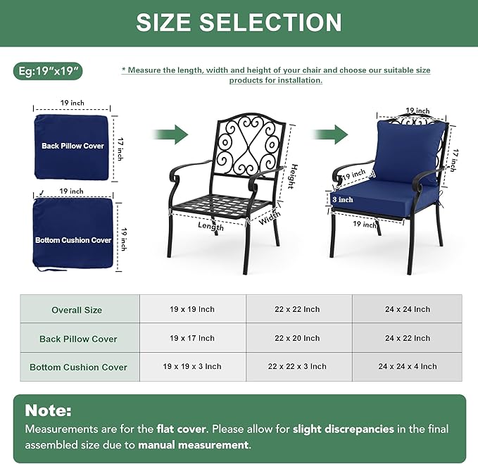Summsun Outdoor Chair Cushions Set of 2, Waterproof Backrest and Deep Seat Cushion Set for Patio Furniture, Outdoor Replacement Cushions with Removable Cover, 22 x 22 Inch, Navy