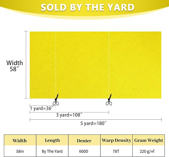 Waterproof Canvas Fabric by The Yard 58inch 600D Upholstery Material Polyester Fabric Outdoor Water Resistant Fabric for Sewing Chair Patio Cushion Purse Bag Interior, 15 Yard Yellow