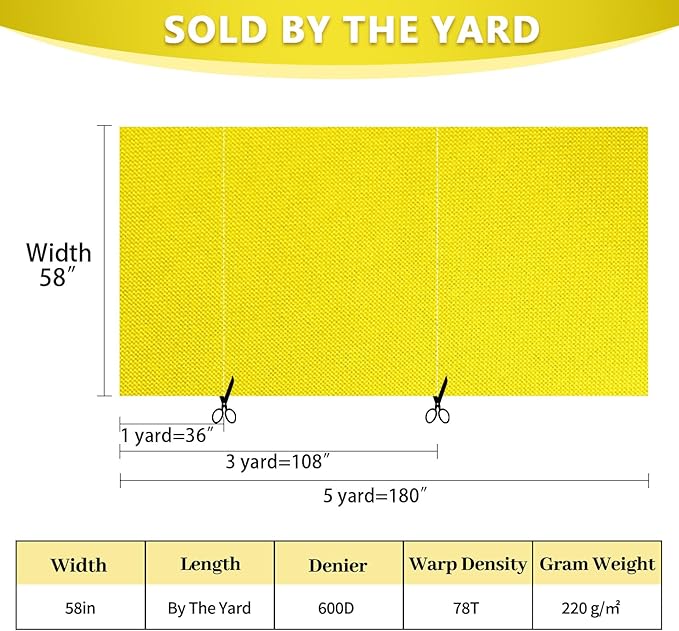 Waterproof Canvas Fabric by The Yard 58inch 600D Upholstery Material Polyester Fabric Outdoor Water Resistant Fabric for Sewing Chair Patio Cushion Purse Bag Interior, Pre Cut 3 Yard Yellow