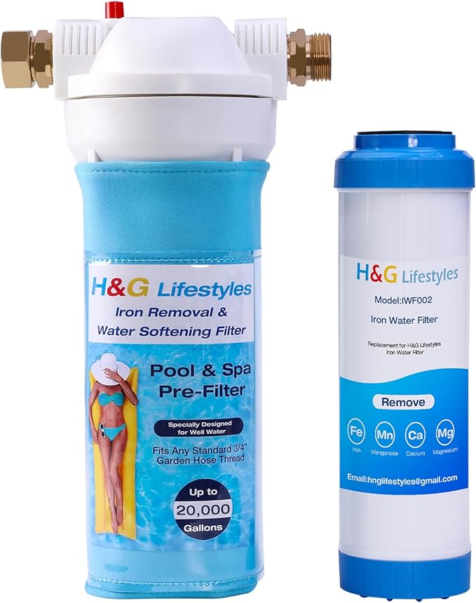 H&G lifestyles Iron Filter for Garden Hose,Water Softener Hose Filter for Filling Pool Spa Hot Tub, Design for Well Water,Iron with Standard 3/4" GHT Fitting,Up to 20,000 Gallons