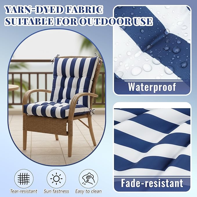 Sintuff 4 Pcs 44 x 21 x 4 Patio Chair Cushions Outdoor Chair Cushion Seat/Back Tufted Pillow with Ties Water Resistant Replacement Indoor Patio Furniture Outdoor Furniture (Stripe,Blue and White)