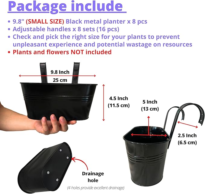 LaLaGreen Outdoor Rail Planter (8 Pack, 9.8 Inch) Small and Cute Black Metal Iron Hanging Flower Pots Deck Railings Fence Buckets Countryside Style Wall Mount Window Box Plant Holder Hooks Porch Decor