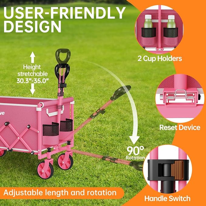 Collapsible Wagon Cart, 380LBS Heavy Duty Utility Wagons with All-Terrain Wheels, Foldable Grocery Carts for Gardening, Shopping, Beach, Camping,Pink