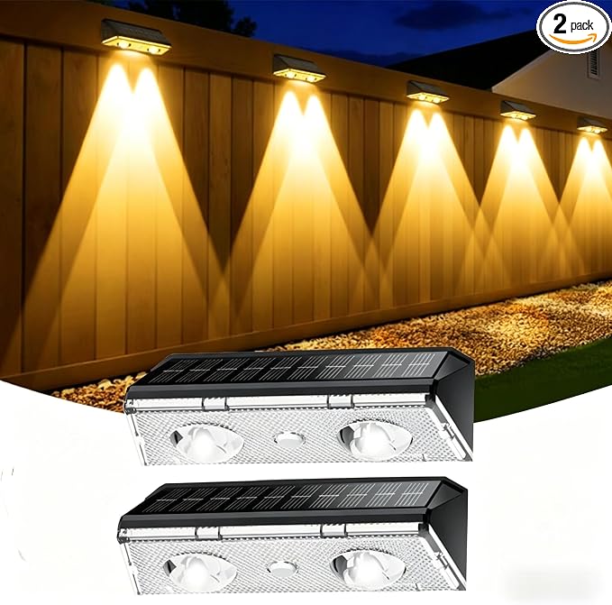KEILAIMO Solar Fence Lights Outdoor, 2 Pack IP65 Waterproof Fence Lights Solar Powered with Ultra-Bright LED Lens, 9 Color Modes, 12+ Hours Steady Glow for Deck/Backyard/Patio/Pool/Wall - Black