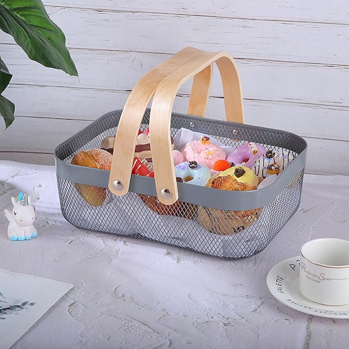 AJIODA Metal Mesh Steel Basket, Storage Organizer Basket Garden Harvest Basket Multi-functional Kitchen Fruit Baskets Bin with Wooden Handle for Bathroom Picnic Shopping Decor Cabinet Home, Grey
