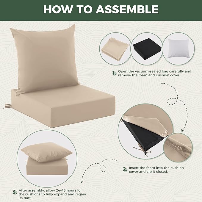 Outdoor Cushions for Patio Furniture, Outdoor Seat Cushion Set 24 x 24 x 5.75 Inch, Waterproof & Fade Resistant Outdoor Chair Cushions, Deep Seat Patio Cushion with Removable Cover, Beige