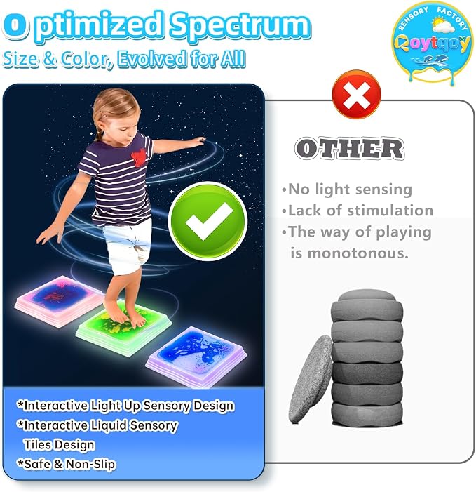 Light Up Stepping Stones for Kids Ages 3+, Sensory Stepping Stones with 7 Glow Colors & Liquid Motion, Non-Slip Indoor & Outdoor Toys for Toddler Balance & Motor Skills(3 Pack, Square)