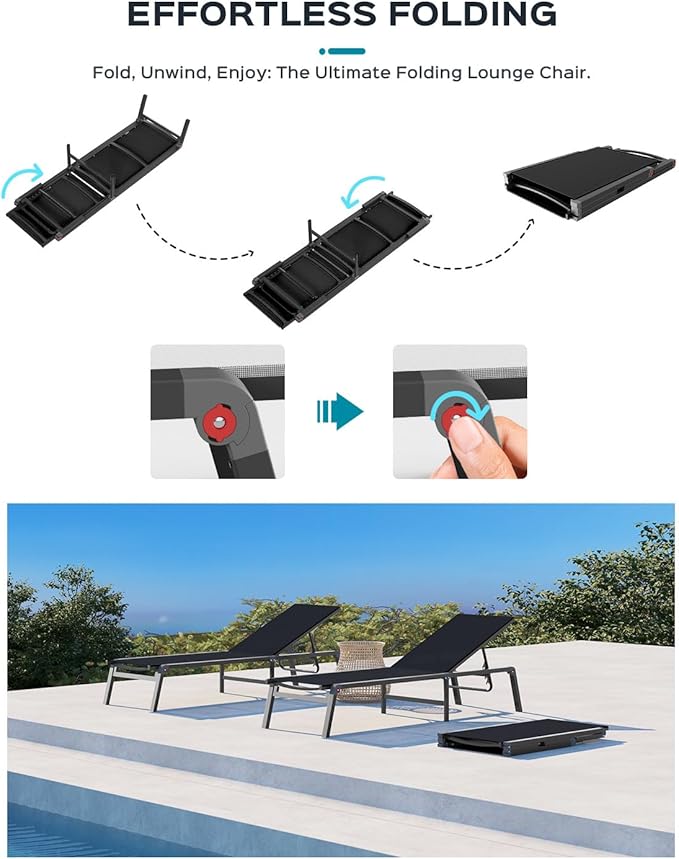 Patio Chaise Lounge Chair Set of 4, Foldable Lounge Chair for Outside, Aluminum Chairs with 5 Adjustable Backrest, Outdoor Pool Lounger for Poolside, Lawn, Patio, Black