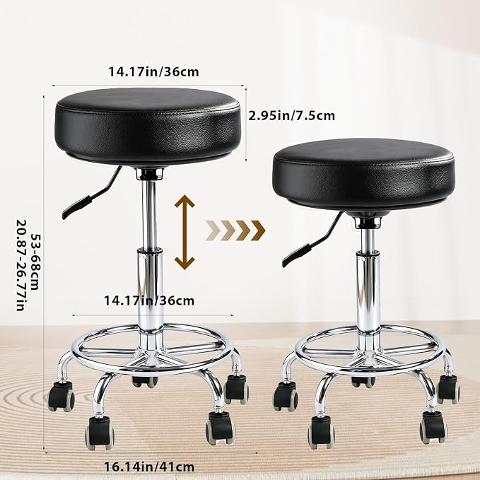 Rolling Stool with Wheels, Thick 7.5cm Cushion Professional Swivel Drafting Stool, Height Adjustable Heavy Duty 500 lb Stool with Silent Casters and Foot Ring for Salon Tattoo Clinic Home Office