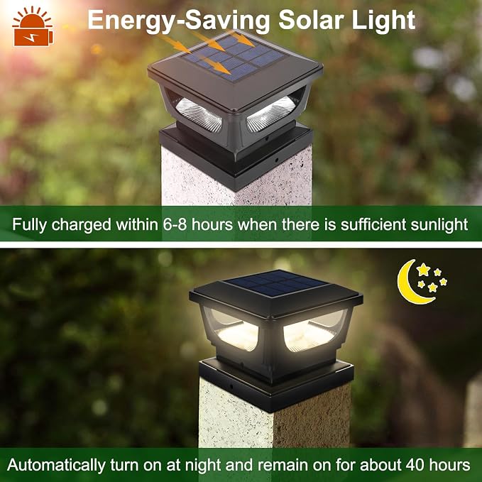 Sumaote Solar Post Cap Lights, 120 Lumen 3000K Warm White LED for 3x3 Metal/Vinyl & 4x4 Wood Posts, IP65 Waterproof Outdoor Garden Fence Deck Lighting, Dusk-to-Dawn Auto On/Off (6 Pack)