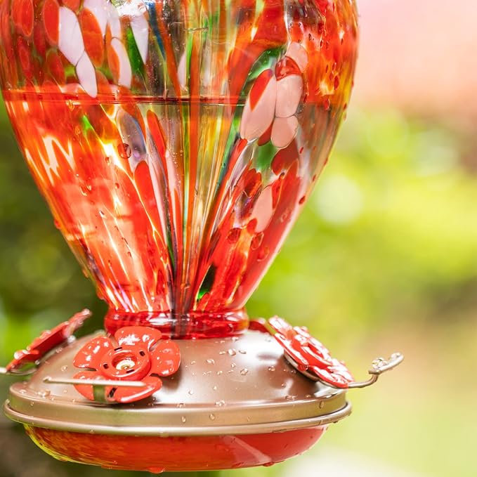 Gifts for Mom 34OZ Hand Blown Glass Hummingbird Feeders for Outdoors Hanging, with Ant Moat Humming Bird Feeders, Porch Backyard Decor Gifts for Women (Floral Balloon) | LaElvish Garden Gifts for Mom 34OZ Hand Blown Glass Hummingbird Feeders for Outdoo...