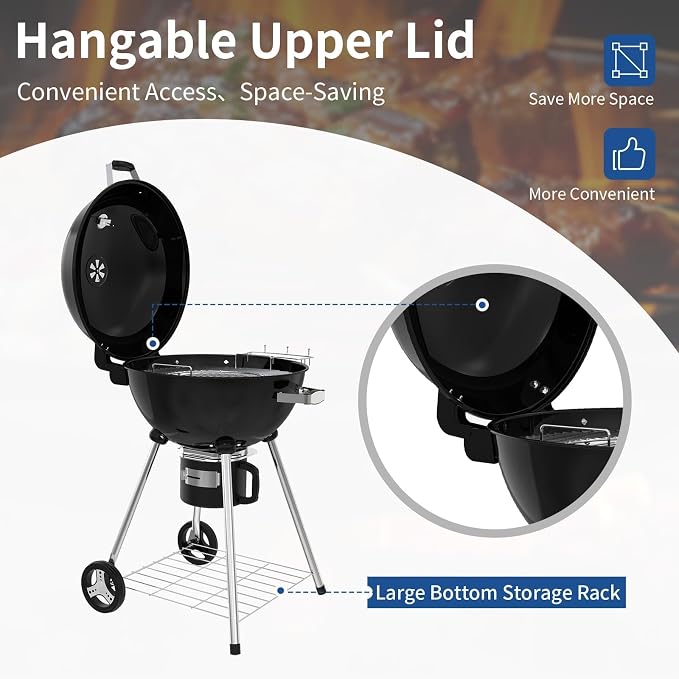 22.5-Inch Portable Charcoal Grill, Heavy Duty Kettle BBQ Smoker with Built-in Thermometer & Removable Water-Rinsable Ash Catcher for Outdoor Camping, Patio, Backyard, and Tailgating