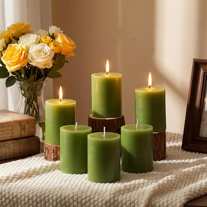 Lounsweer 6 Pcs 3 x 4 Inch Citronella Scented Pillar Candles Green Scented Candle for Home Indoor & Outdoor Use