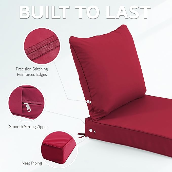 22x22 Inch Patio Chair Cushions Set of 2, Outdoor Furniture Cushions - Removable Cover, Water-Repellent, Fade-Resistant, Non-Slip Bottom & Straps, Replacement for Lawn, Porch & Deck Chair - Burgundy