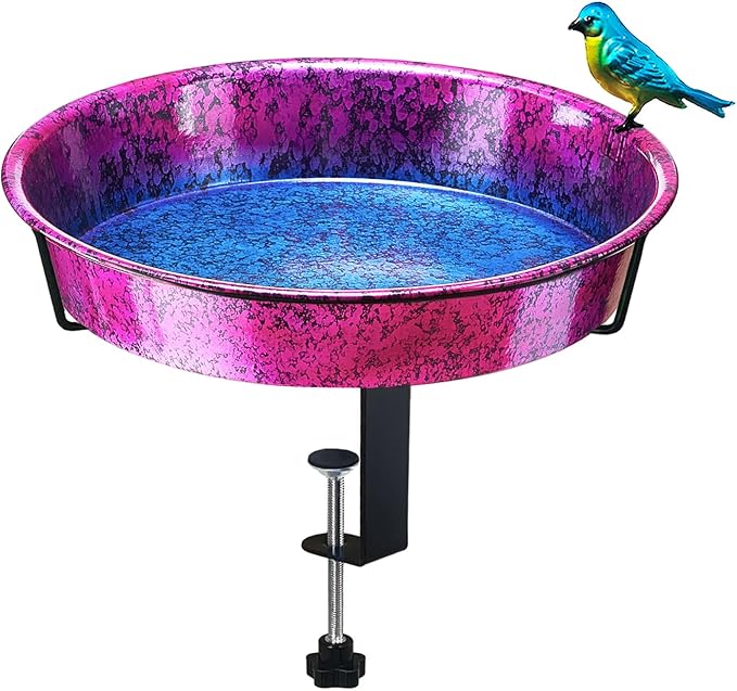 Metal Deck Bird Bath for Balcony Railing, Metallic Purple & Blue 11.5” Bathing Bowl & Feeder with Adjustable Steel Clamp Outdoor Garden Decor Yard Art (0.7 Gallon)