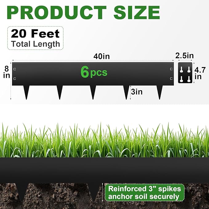 Steel Landscape Edging 6-Pack, 8" H X 40" L Bendable Metal Edging for Landscaping, No-Dig Metal Landscaping Edging for Yard, Lawn Edge, Pathway & Flower Beds (20Ft Total)