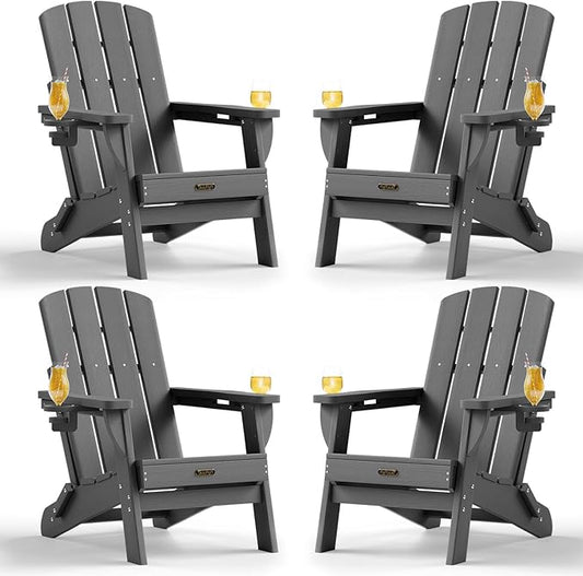 Folding Adirondack Chair Set of 4, HDPE Adirondack Chairs with 2 Cup Holder, Plastic All-Weather Fire Pit Chairs, Outdoor Lawn Chair for Patio Garden (Grey)